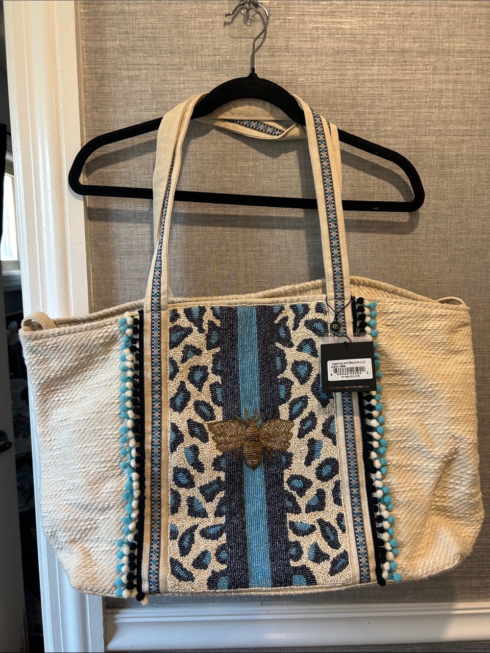 America & Beyond -Cream Woven Tote with Blue Embroidered Panel and Bee Accent